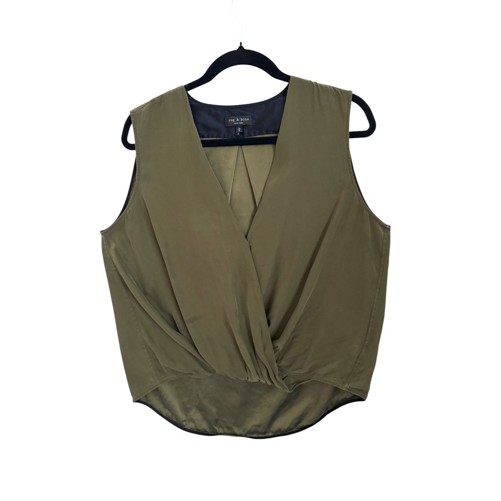 Rag & Bone Olive Green 100% Silk Twist Front Blouse Top Large Whimsigoth